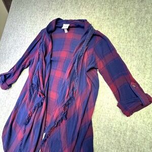 Knox Rose Womens Plaid Open Front Cardigan Kimono Blue Red Fringe Lace Small